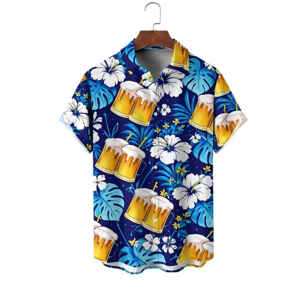 Beer Mug Pattern Print Men's Shirts Hawaii Short Sleeve Top Fashion Streetwear Casual Outdoor Men's and Women's Clothing Blouse
