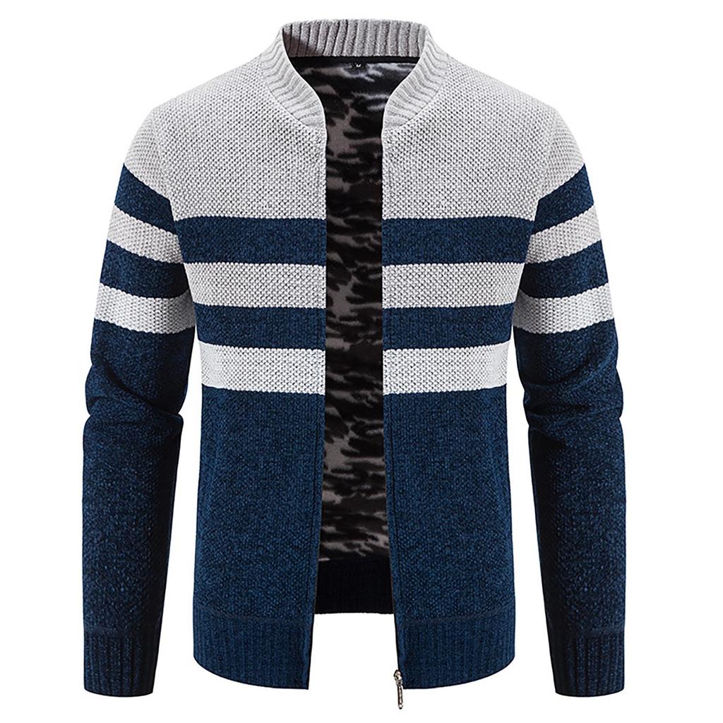 Color Blocked Cardigan Sweater Men's Plush Thickened Casual Knitting Coat