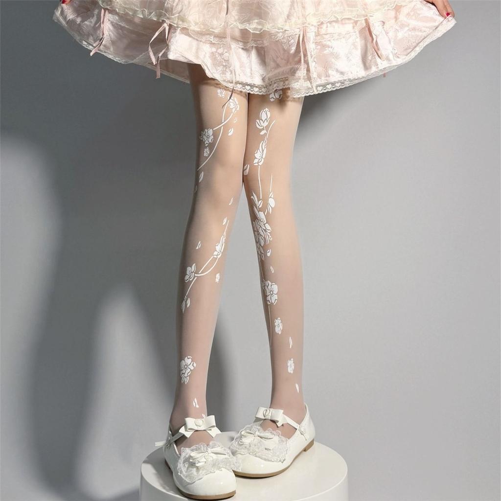 Printed Flower Stockings French Retro Lolita White Pantyhose Thin Dreamy Atmosphere Jacquard Bottoming Socks