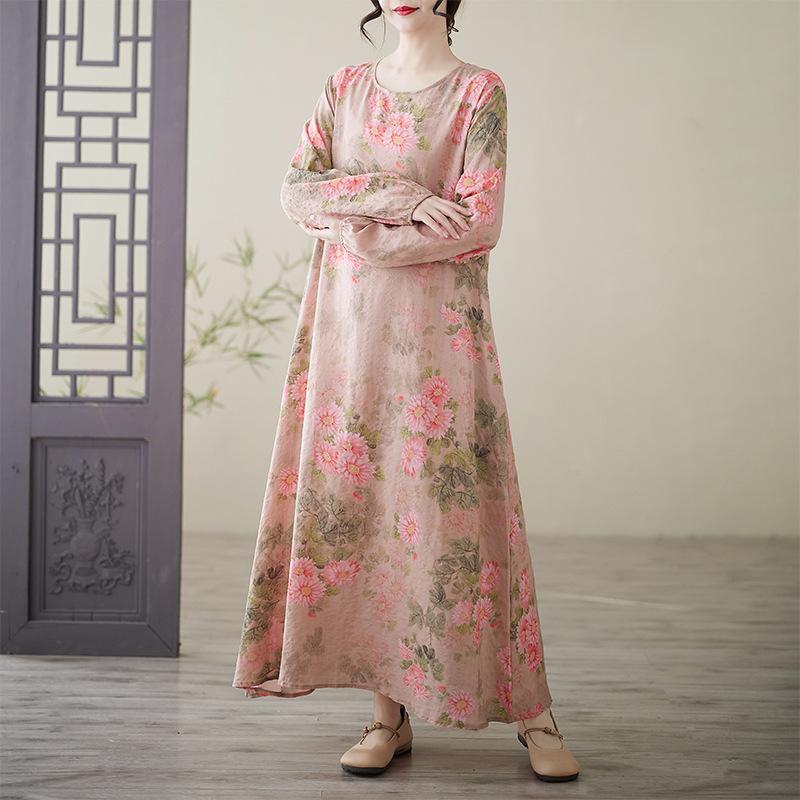 Весеннее литературное платье больших размеров с принтом, круглым вырезом, длинными рукавами, повседневное платье для женщин, вечерние платья