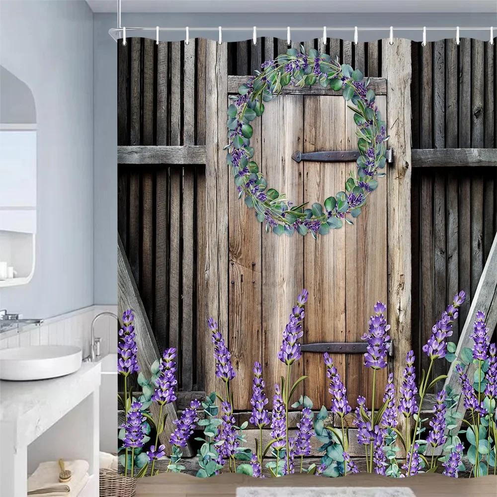Занавески для душа в деревенском стиле с изображением деревянной двери, амбарное колесо, зеленое растение, серая доска, занавеска для ванной, полиэстеровая ткань, декор для ванной комнаты с крючками