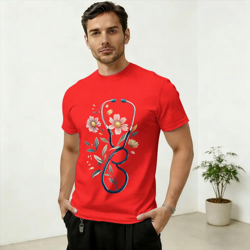 Nurse Life Unisex T Shirts Boho Floral Stethoscope Graphic Funny Tees Short Sleeve Round Collar TShirts Cotton Graphic Tops