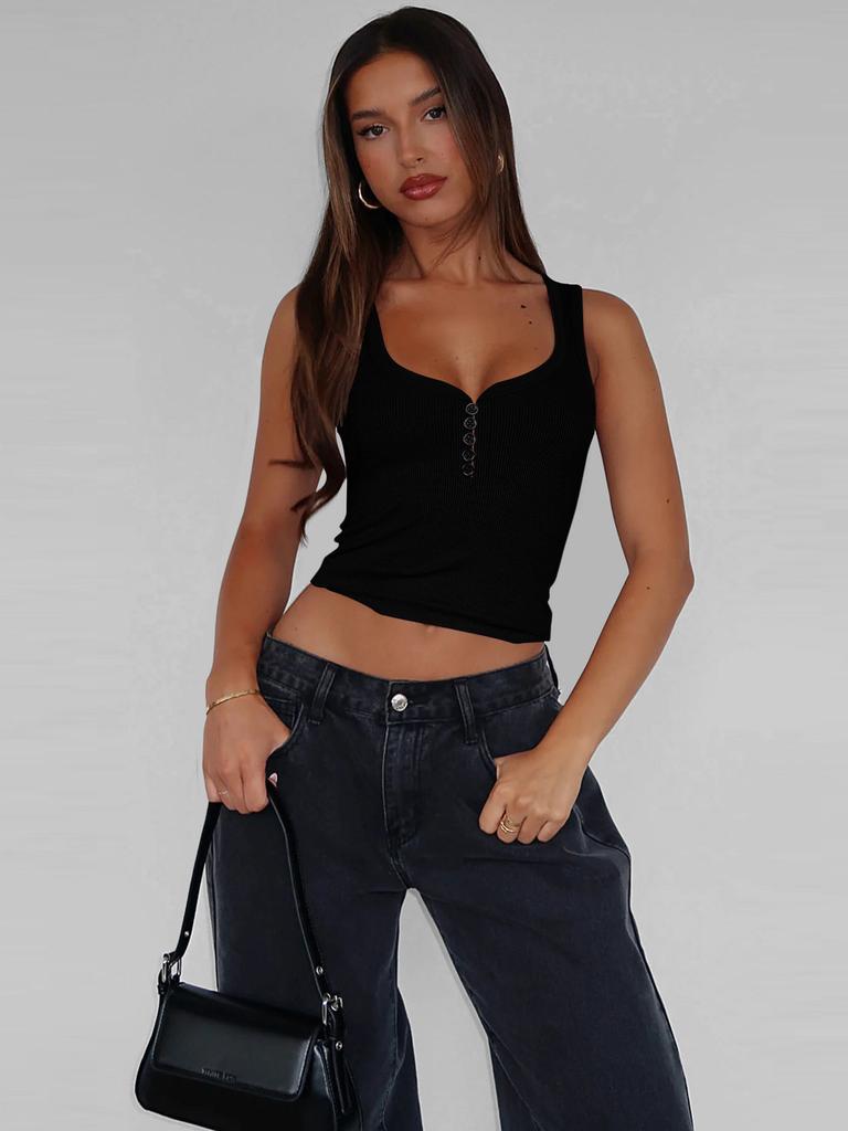 American Sexy Girl Low U Neck Sleeveless Top With Ribbed Fabric For Summer Party Wear