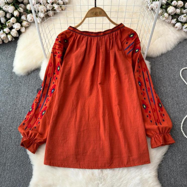 Summer Vintage Women Blouse Embroidered Puff Sleeve Color Block Ethnic Style Camisa Feminina Casual Tops