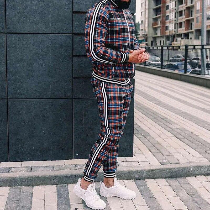 New Gentleman Plaid Men's Tracksuit Sets Casual Zipper Jacket Coat Sports Suit High Quality 3D Print Fashion 2-Piece Men Clothes