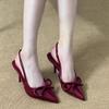 Красные лакированные туфли-босоножки с острым носком и бантом, женские, 2025, весна и осень, новые, французские, с открытым подъемом, на шпильке, с ремешком на щиколотке, женские