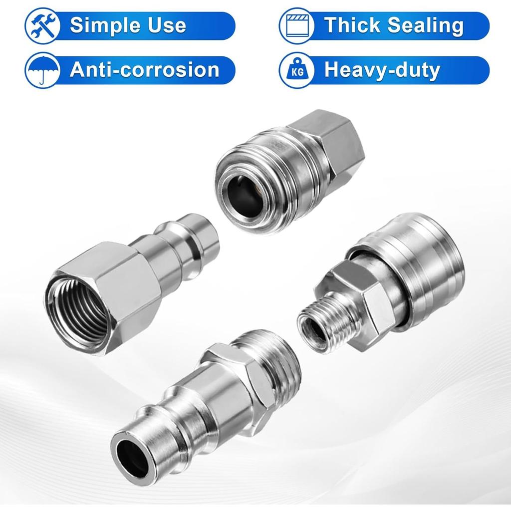 10 Pcs Air Line Connectors,1/4” BSP Air Tools to Connect Compressor, Hose Accessories, Airline Fittings Couplings Plug Kit with Male Female Thread Set