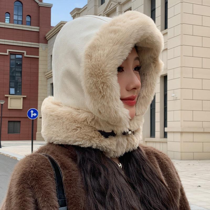 New Hat Hat Women's Cow Horn Button Deer Leather Velvet Lei Feng Hat Winter Cold Protection Warm Ear Protection Hat Thick