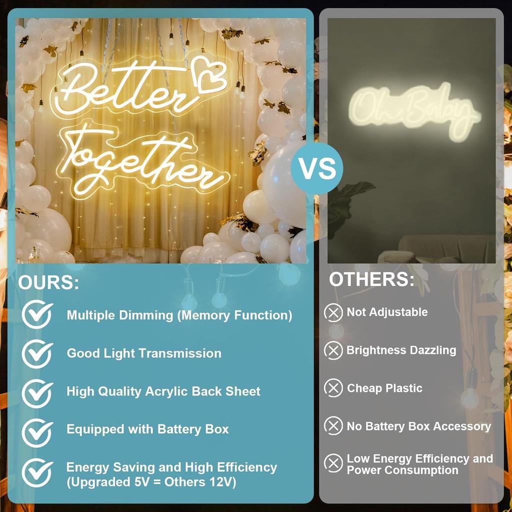 31-дюймовые большие неоновые вывески Better Together, неоновые огни Better Together для декора стен с регулировкой яркости, работающие от USB/батареи, светодиодные вывески с теплым белым светом