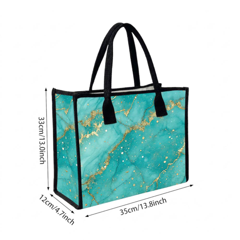 Teal Gold Marble Pattern Tote Bag Daily Use Casual Shopping Portable Shoulder Bag for Women Stylish