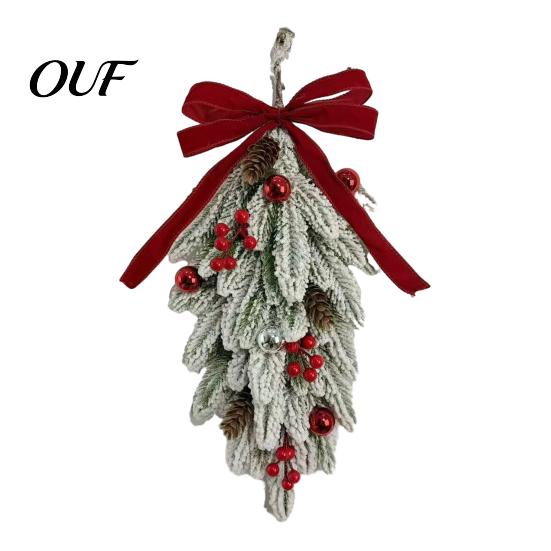 Large Velvet Bow Wreath Flocked Christmas Teardrop Swag for Front Door, Artificial Pine with Red Winter Holiday Home Decor Berries Bow, Snowy Hanging