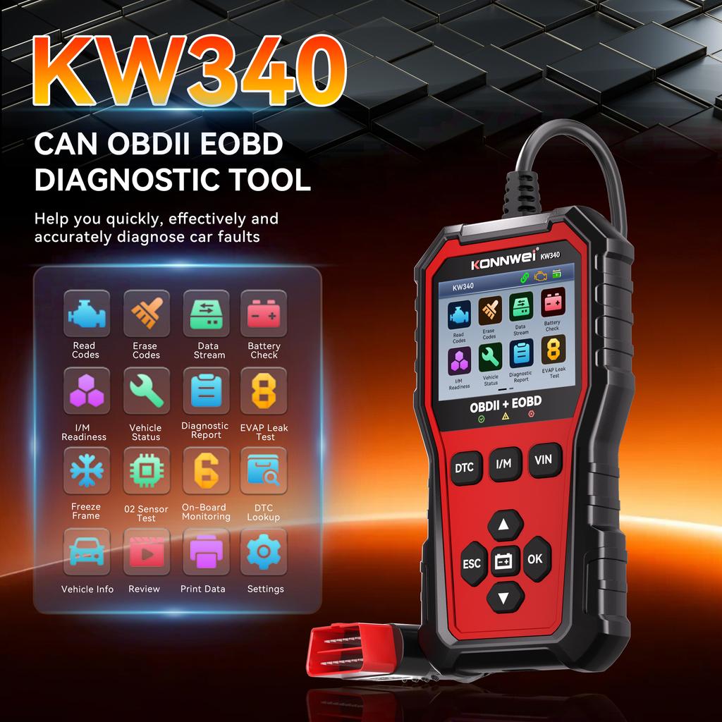 KONNWEI KW340 Автомобильный OBD2 Диагностический Инструмент CAN EOBD 3-в-1 Тест Двигателя Батареи Чтение Сброс Кодов Неисправностей Данные в Реальном Времени Инструмент Проверки Лямбда-Зонда
