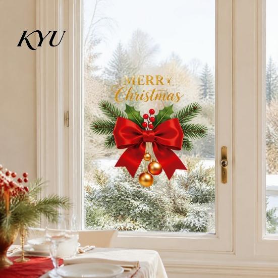 Holiday Glass Decals Christmas Red Bow Window Sticker, Gold Letter Merry Decal, Xmas Decor Waterproof Windows Clings for Home School Office