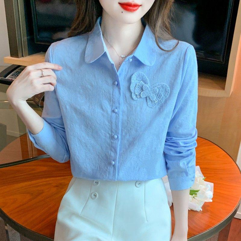 Осень 2024 г. Женская рубашка с длинным рукавом из чистого хлопка с жаккардовой вышивкой