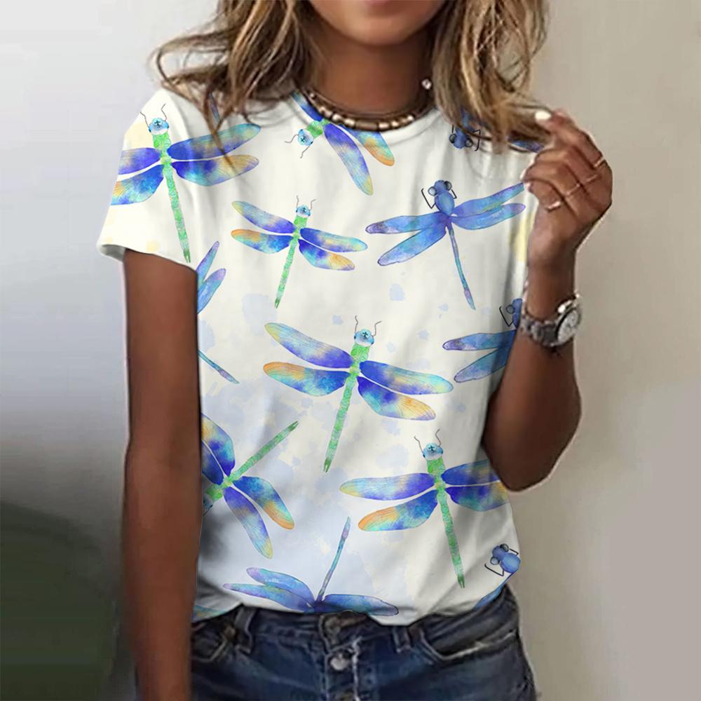Летняя модная блузка, женская летняя 3D футболка с принтом стрекозы, топ с круглым вырезом и коротким рукавом, модная большая футболка
