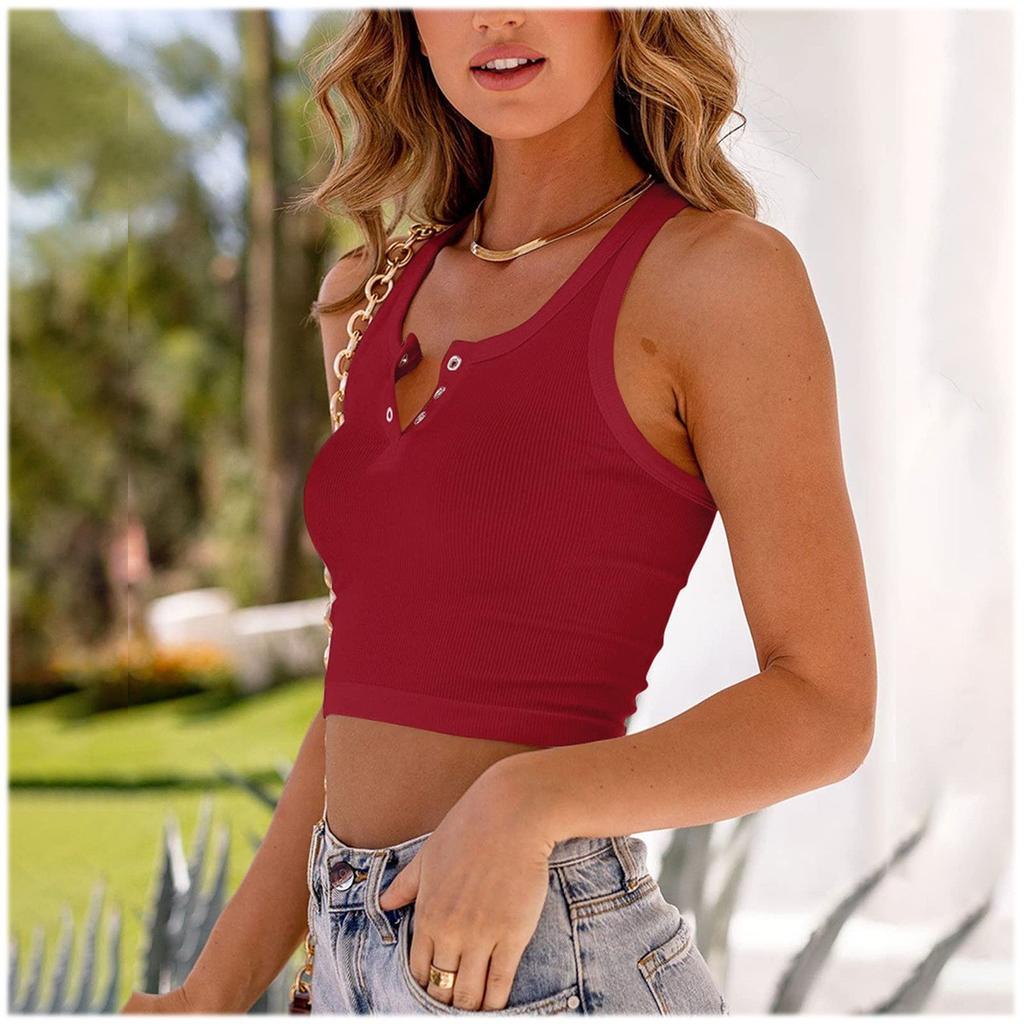 Women's Fashion Casual Solid Color Crewneck Button Sleeveless Crop Sexy I-top Vest