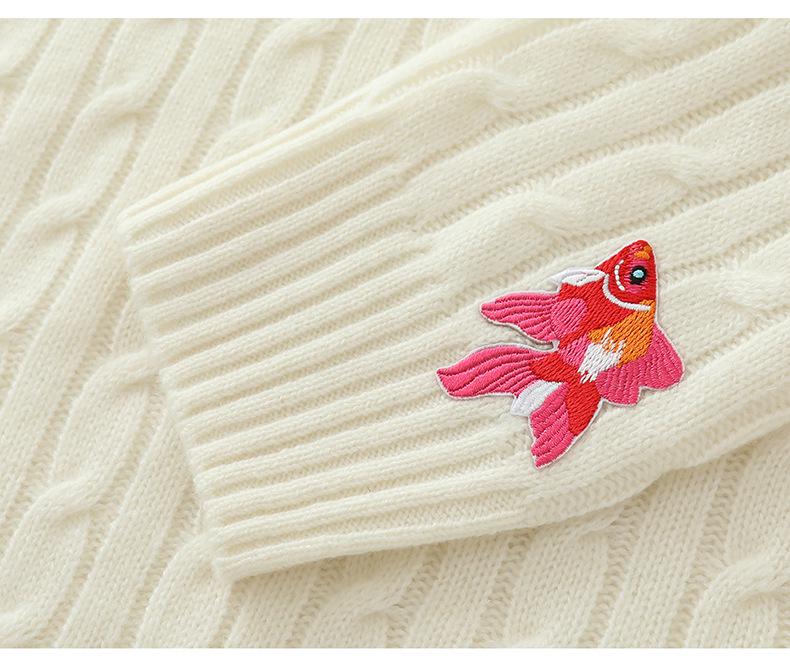 Women's 100% Pure Cashmere Fish Embroidery Sweater - Autumn/Winter Round Neck Knit Pullover, One Size