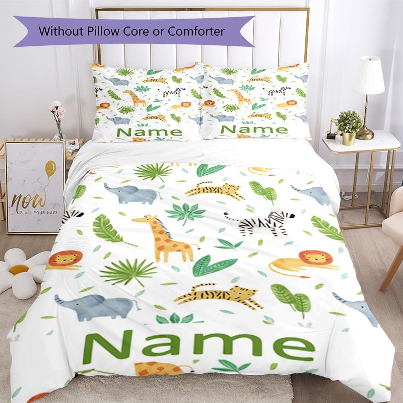 3pcs Custom Name Animals Bedding Set Duvet Cover Closure Includes 1 Duvet Cover & 2 Pillowcases, Soft and Comfortable for All Seasons.