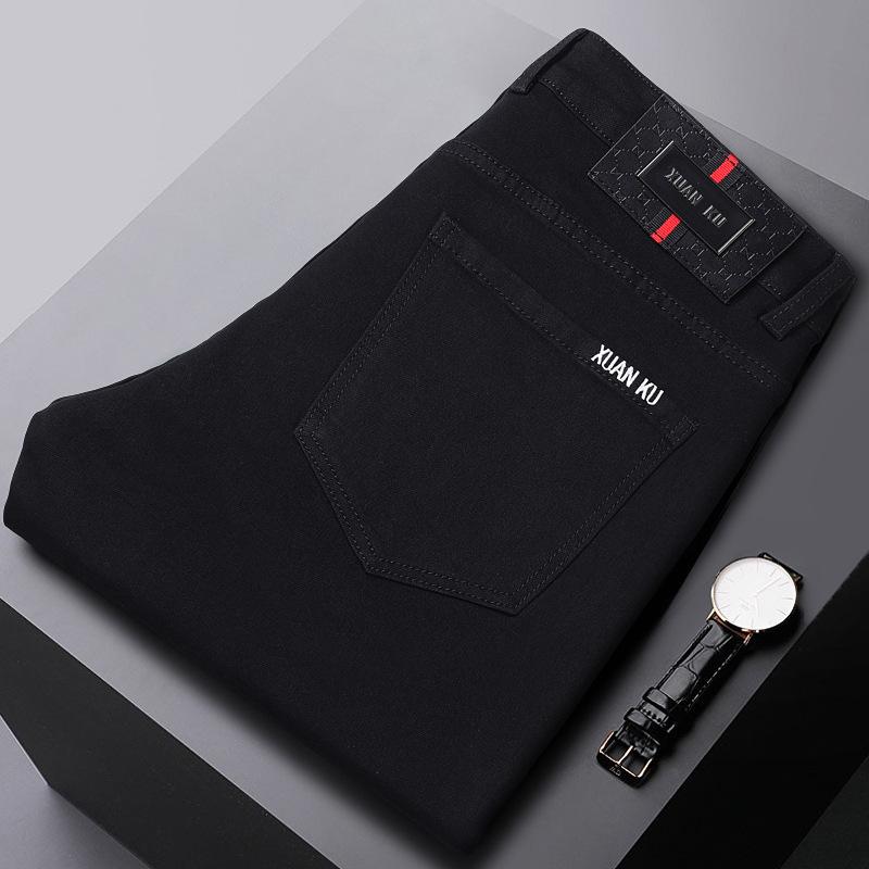 Spring And Autumn Pure Black Men'S High-End High-Quality Jeans Slim Fit Straight Leg Elastic Casual Long Pants Trend