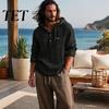 Comfortable Gym Sports Tops Men Cotton Linen Hoodie, Long Sleeve Hooded Sweatshirt with Button Mens Beach Vacation Apparel Neck, Casual Pullover Shirt