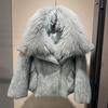 Женский короткий пуховик 2026 Зимний Роскошный воротник из меха енота Шерстяная смесь Оверсайз Теплая пуховая куртка