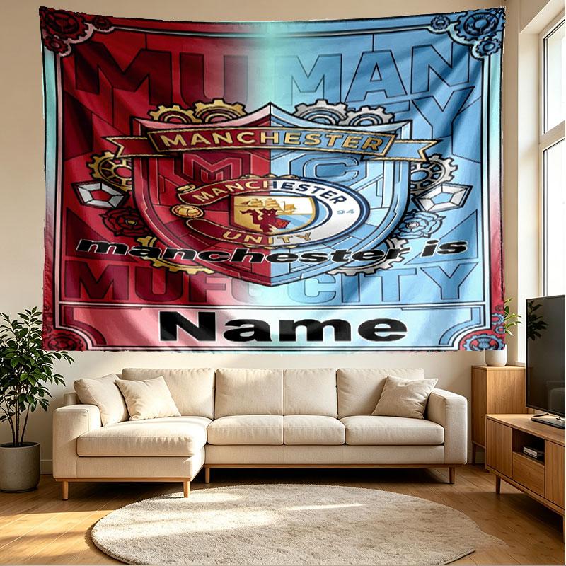 Custom Name Personalized Manchester City Print Tapestry, Wall Art Decor, Bedroom, Dorm, Apartment, LivingRoom, Party Backdrop, Gift for Birthday