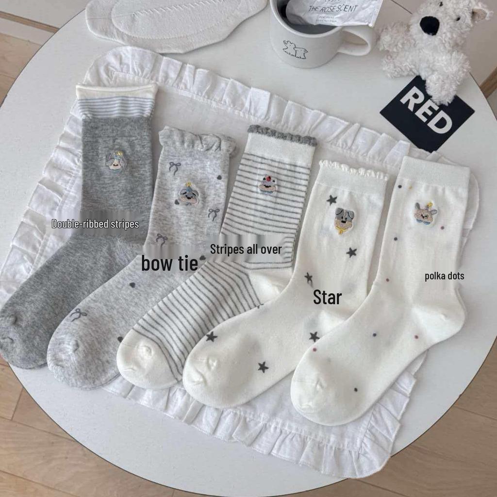 Spring Style White and Gray Women's Cotton Socks with Cartoon Puppy Embroidery, Mid-Calf Slouch Design, Korean-Inspired.