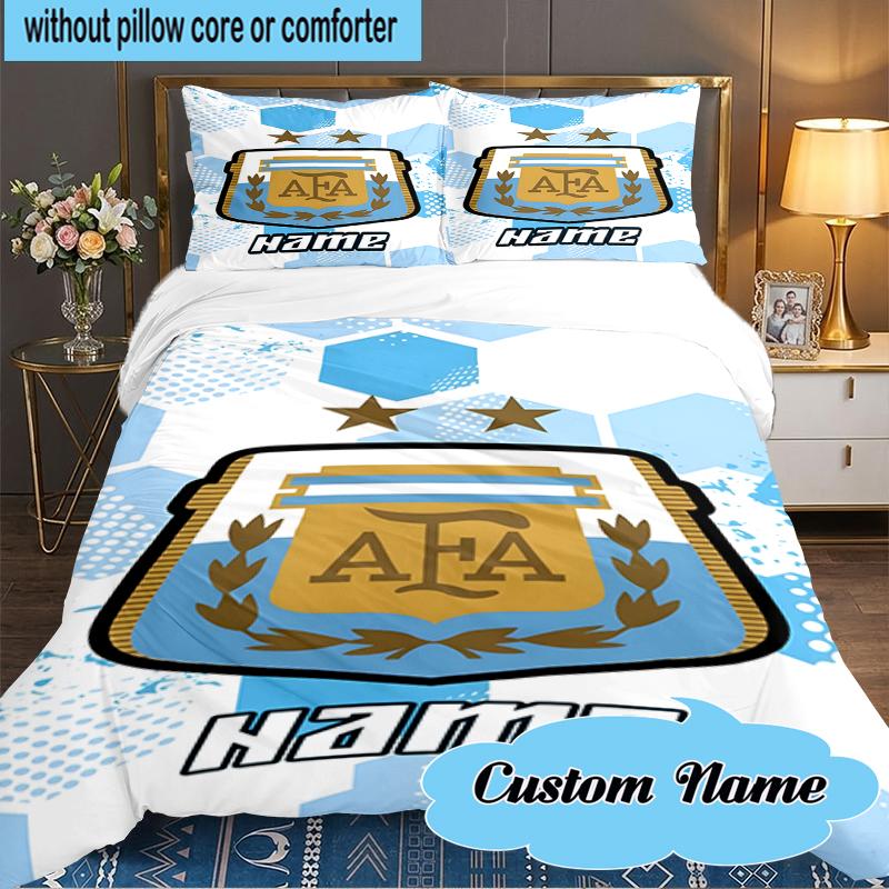 Custom Name Argen-tina Football Crest Bedding Set 3pcs, Bedding Set Including 1pc Duvet Cover And 2pcs Pillowcases for Bedroom, Dormitory Gift