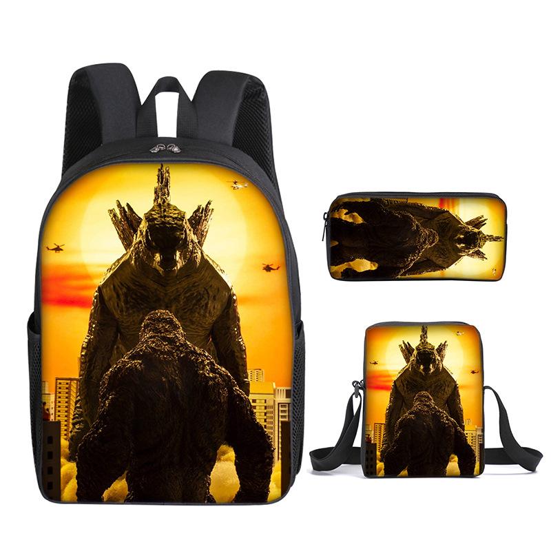 2021 Школьная сумка Godzilla Wars King Kong Набор из трех предметов Рюкзак с принтом для учеников начальной и средней школы Мультяшная школьная сумка