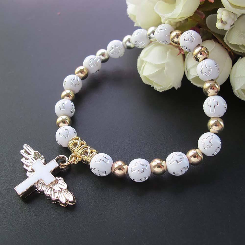 Exquisite Angel Wing Cross Rosary Bracelets Bronzing Acrylic Baptism Stretch Beaded Bracelets for Women Girls Religious Gift
