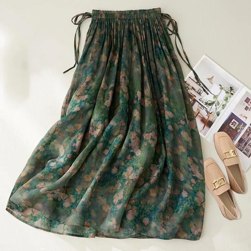 Women's Summer High-waisted Floral Bustier Skirt Double-layer Tie Thin A-line Big Swing Skirt