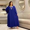Middle East Ladies Fashion Blue Round Neck Beaded Slim Fit Loose Muslim Dress Dubai Robe