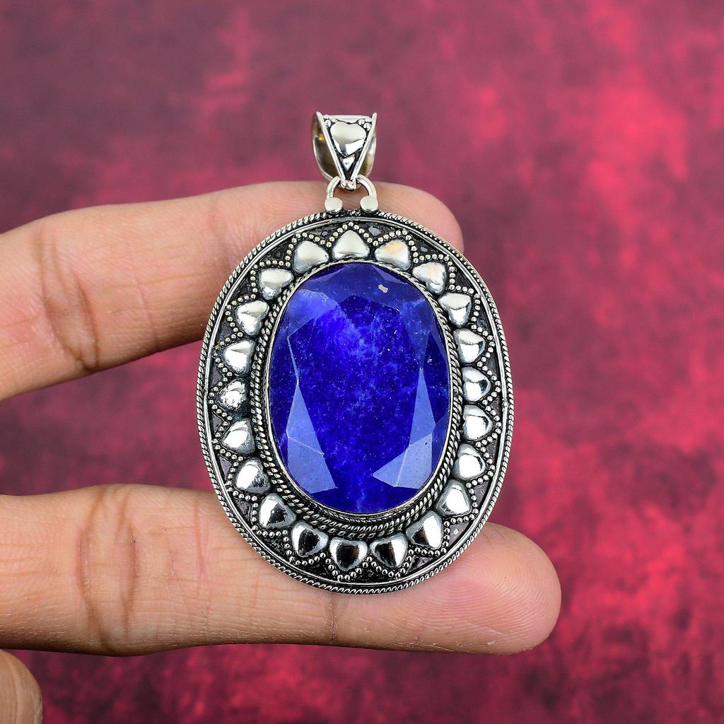 Подвеска с синим сапфиром, подвеска из драгоценного камня ручной работы, подвеска из стерлингового серебра 925 пробы, антикварные ювелирные изделия, для подарка на помолвку