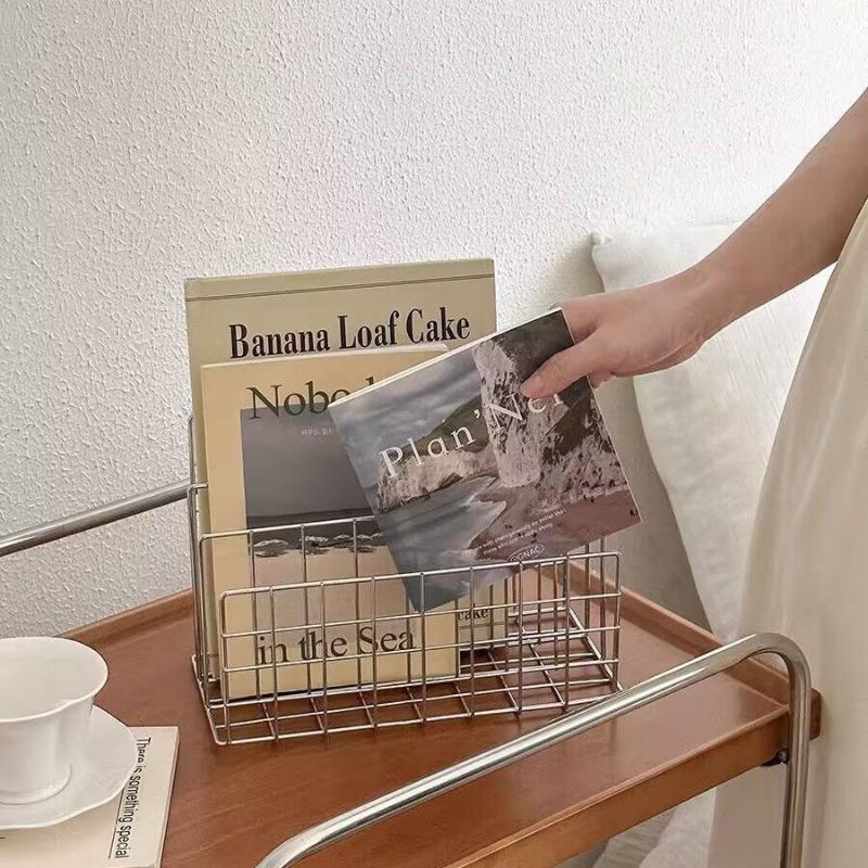 Durable Modern Silvery Bookshelf Storage Stylish Metal with Storage Basket Magazine and Newspaper Organizer,Home Storage Rack