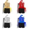 Girls Jazz Dance Costume Sparkly Sequins Bodice Feather Tulle Skirted Leotard Ruched Waist Asymmetrical Color Block Jumpsuit