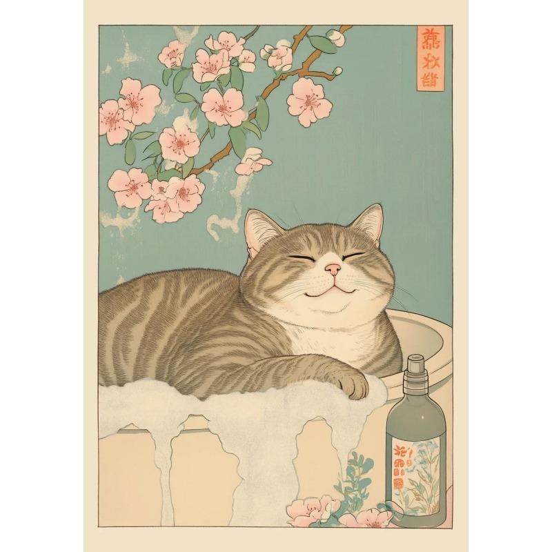 Japanese Tabby Cat in Bathtub Poster Prints Minimalist Wall Art Print Canvas Painting for Living Room Modern Home Decor