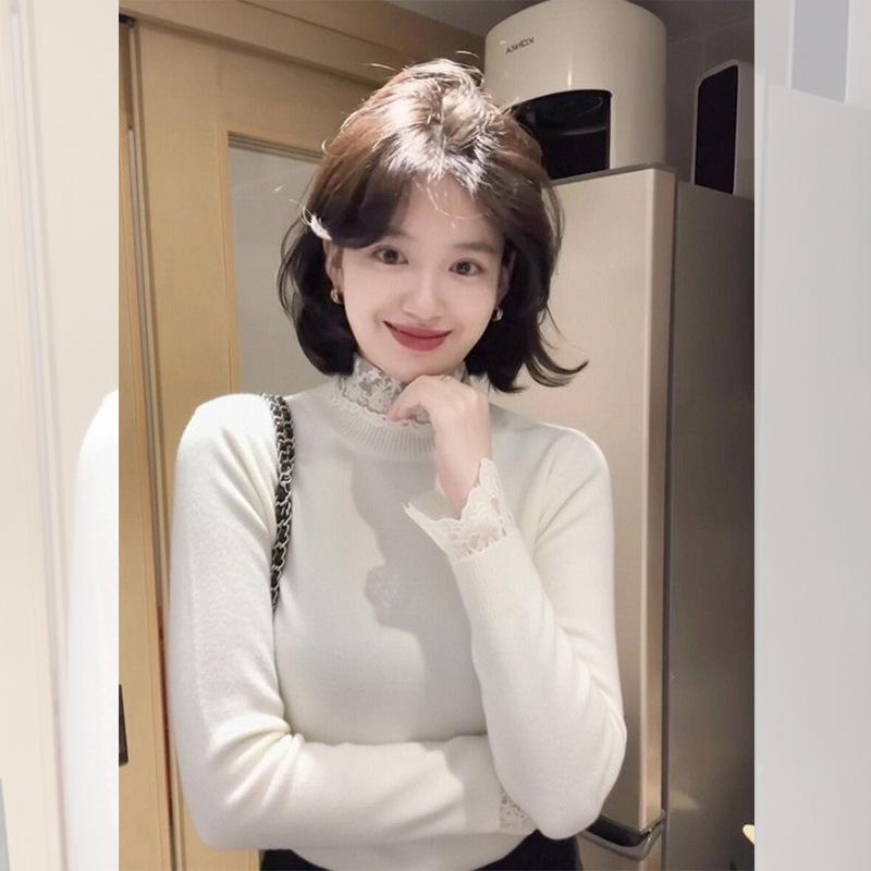 Розовый девичий свитер женский осенне-зимний многослойный полуводолазка базовая рубашка кружевная внутренняя рубашка с длинным рукавом вязаный топ