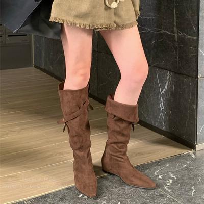 2025 осень и зима новые квадратный носок свободные два способа носки высокие сапоги бархатные простые облегающие ноги сапоги на танкетке женские