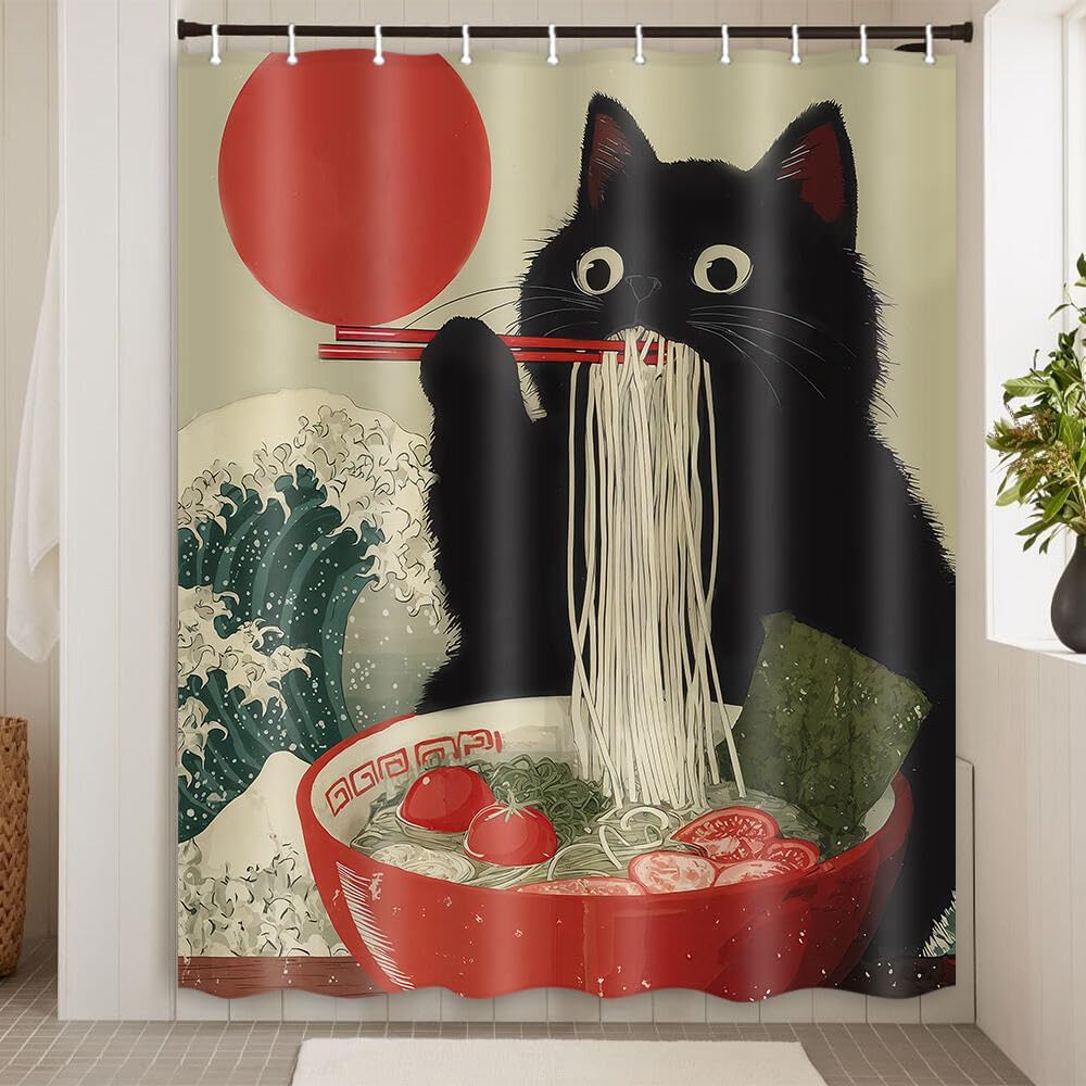 Funny Japanese Cat Shower Curtain Vintage Fun Cool Cute Black Cat Art Shower Curtain Asian Japan Sunset Anime Ocean Wave Unique