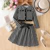 Элегантный осенний комплект для девочек, детская мода, клетчатая куртка с длинным рукавом и принтом птиц, юбка с поясом-бабочкой, комплект из двух предметов