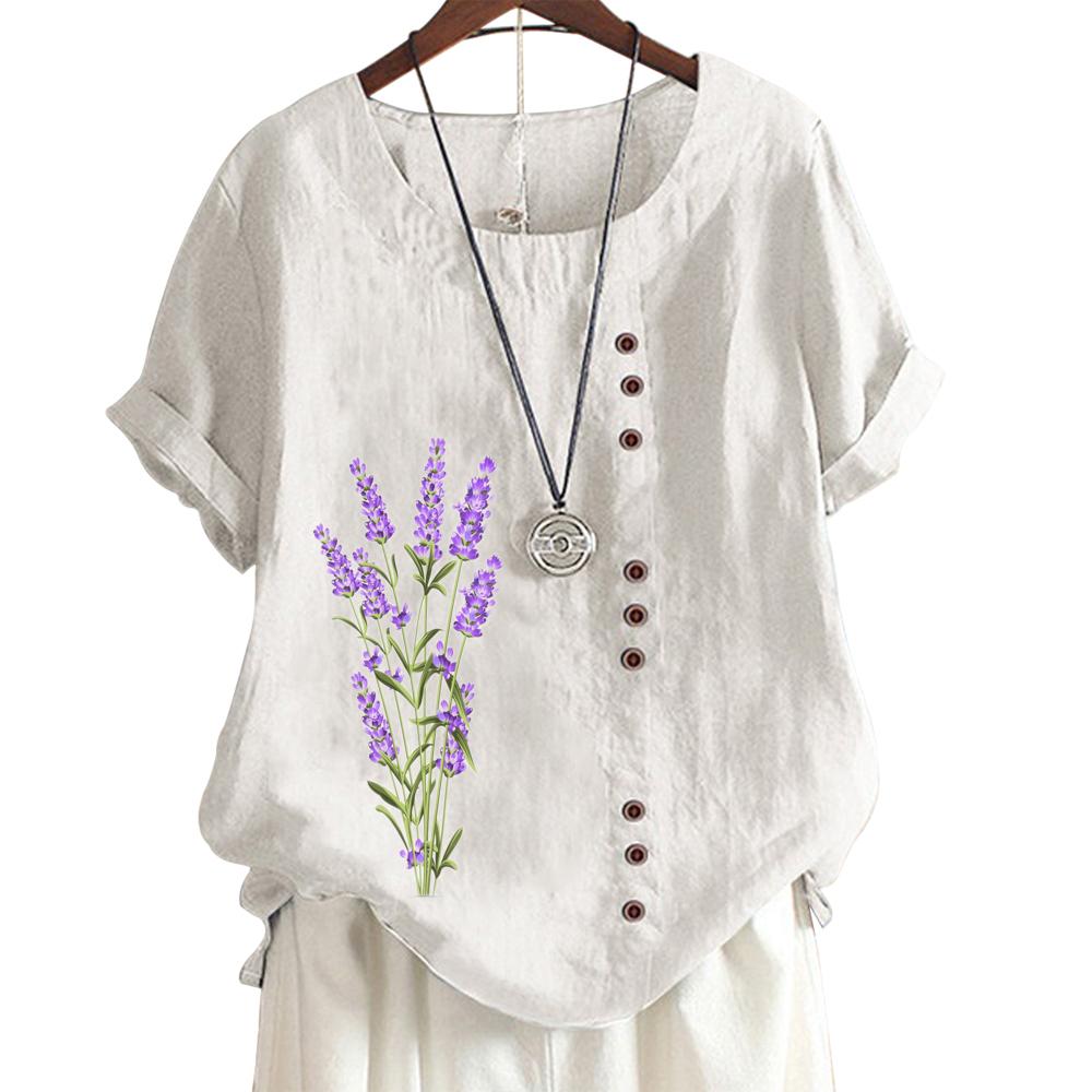 Женская удобная повседневная футболка из хлопка и льна с животным и цветочным принтом, круглым вырезом и короткими рукавами, украшение на пуговицах, S-5XL