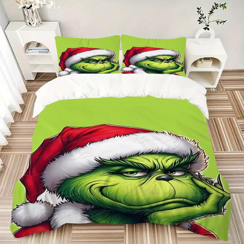 3Pcs Grinch Christmas Hat Bedding Sets For All Sizes New 3D Printed Bed Cover Comforter Duvet Cover Pillowcase Bedroom Decoration