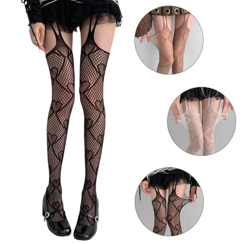 Women JK Gothic Sexy Fishnet Garters Thigh Highs Stockings Tights Hollow Out Heart Patterned Sheer Suspender Pantyhose