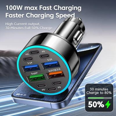 100 Вт 10 портов Автомобильное зарядное устройство Быстрая зарядка PD QC3.0 USB C Автомобильное зарядное устройство для телефона Адаптер Type C в автомобиле Для iPhone Samsung Huawei Xiaomi