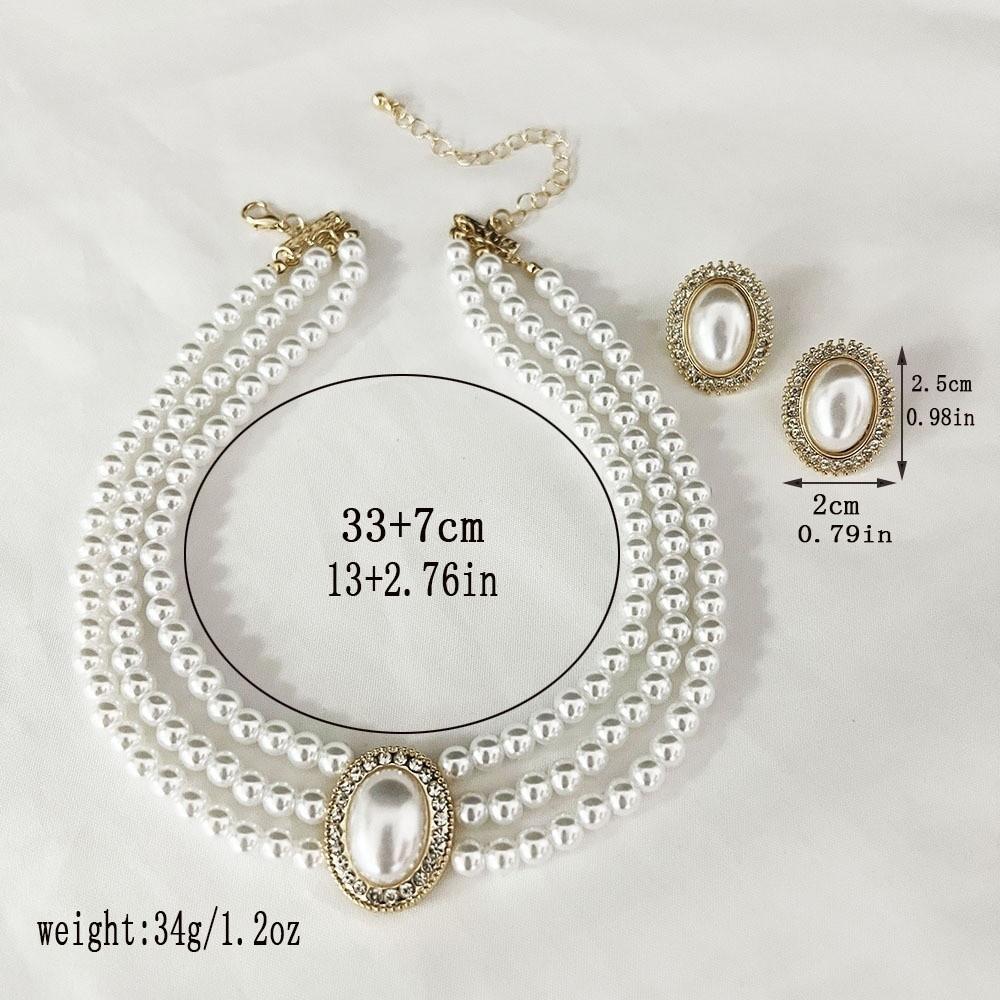 Elegant Pearl Necklace Earrings Set Multi-Layers Wedding Choker Necklace Collarbone Chain Gifts