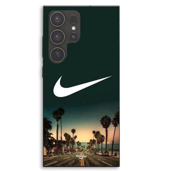 Coque Pour Samsung Galaxy S23 Ultra Nike logo arrière-plan Palmiers de Californie la nuit Maniacase