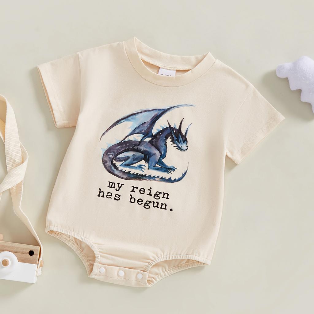 Baby Boy Summer Casual Jumpsuit Short Sleeve Round Neck Letter Dragon Print Loose Fit Romper