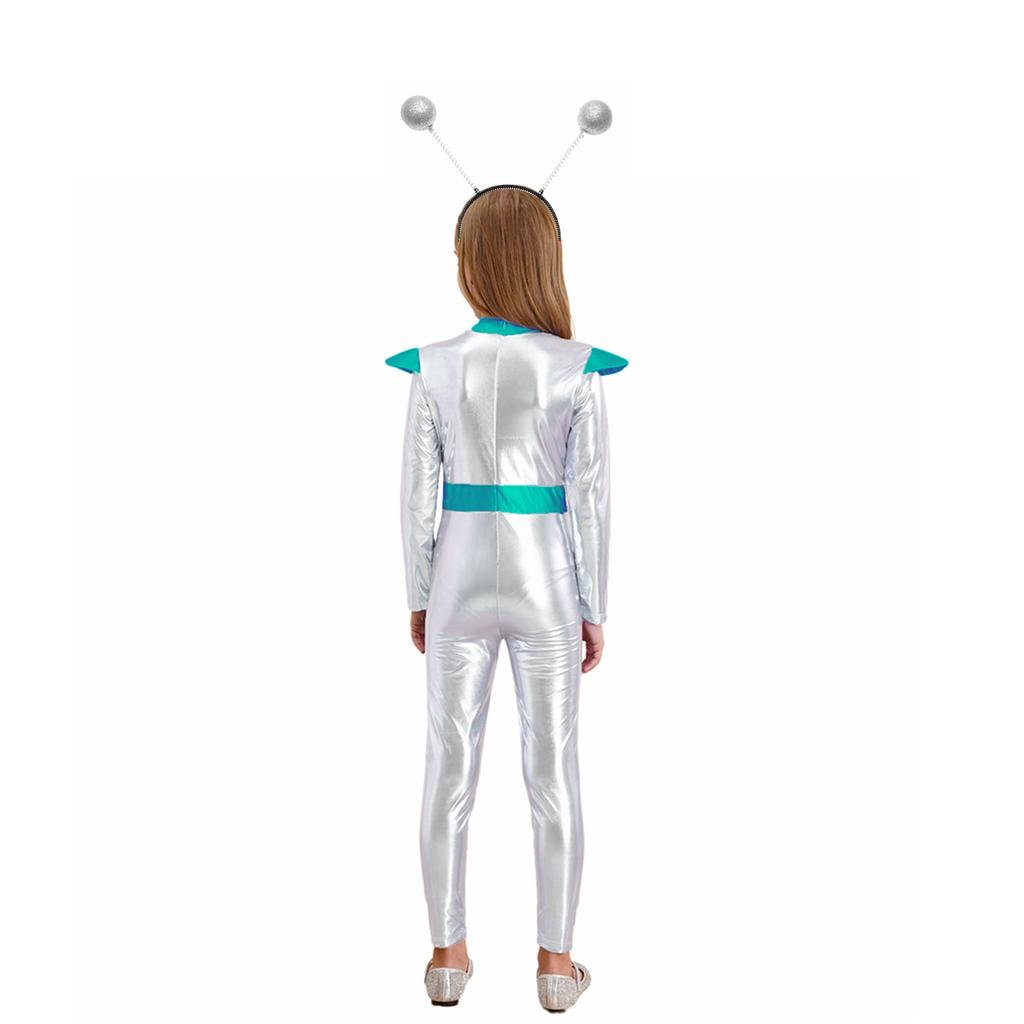 Kids Alien Cosplay Costume Long Sleeve Full Length Bodysuit Alien Hair Hoop Halloween Dress Up Party Costume Set