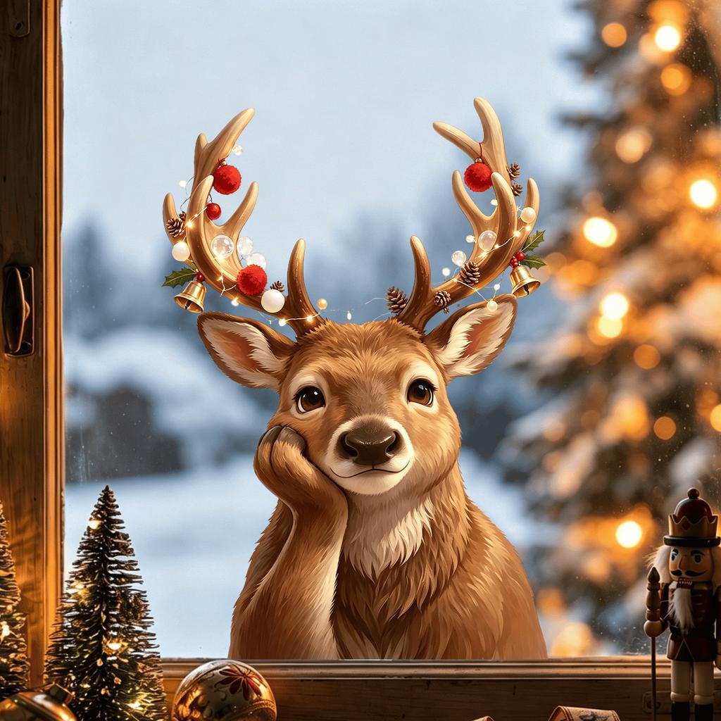 Cute Resting Reindeer Christmas Static Window Clings, Glue‑Free Removable Elk Glass Stickers for Xmas Home Shop Window Decor
