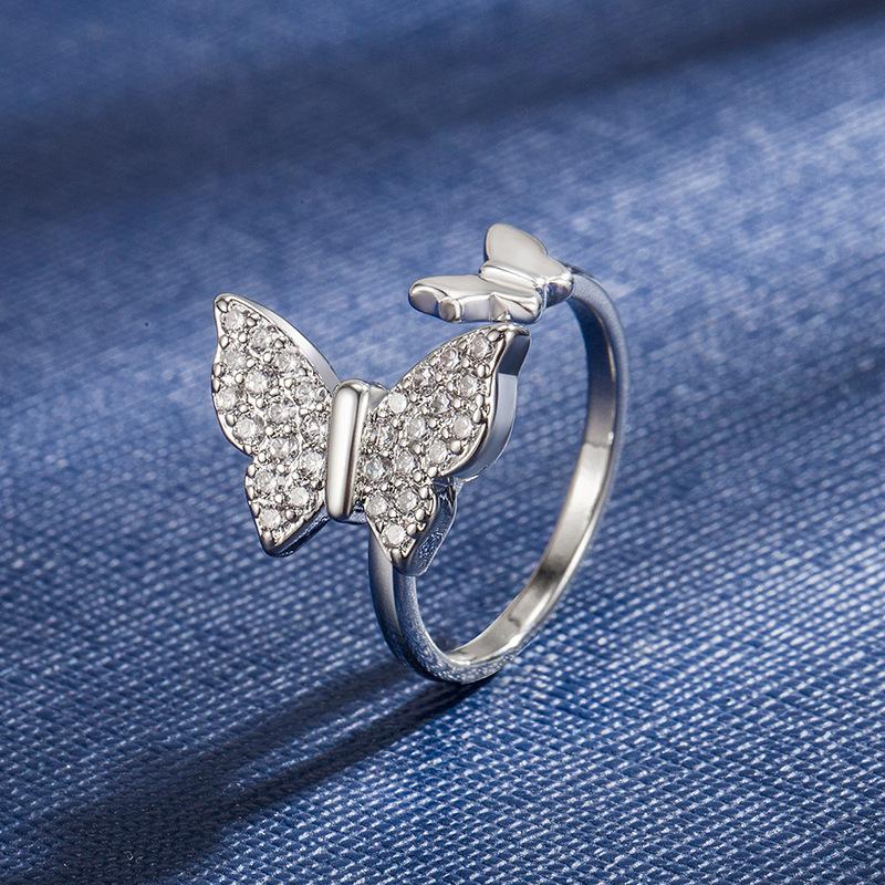 Silver Butterfly Open Diamond Ring Adjustable Korean Style Zircon Fashion Women's Ring Rotating Jewelry Peaceful Spring New Model